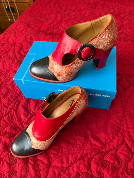John Fluevog Shoes - John Fluevog Attic Joyce Red Paisley Monk Strap Heels Size 9.5 w/ Box